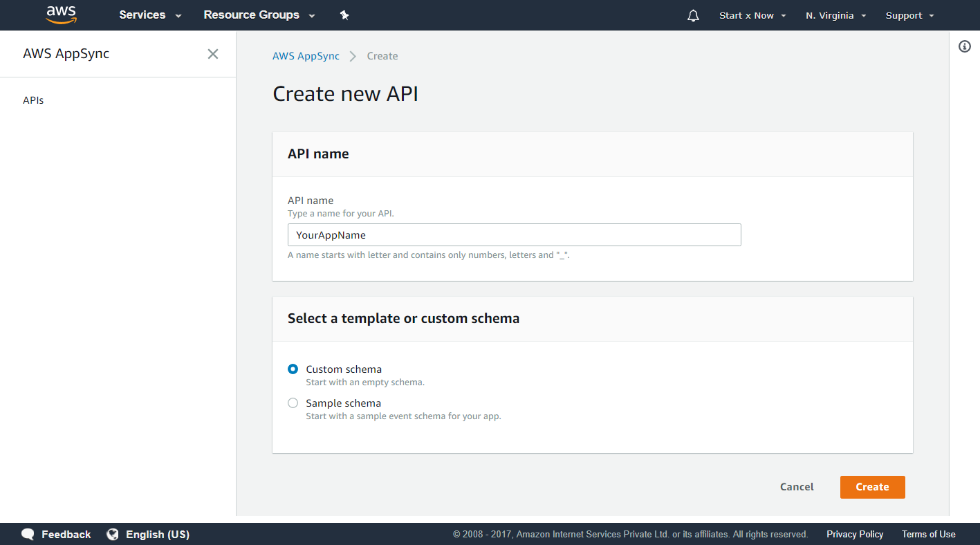 AWS AppSync - App Create Page